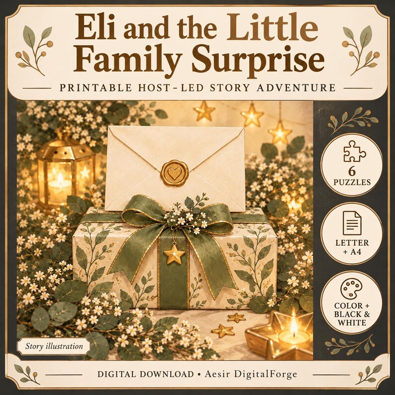 May include: A printable story adventure titled Eli and the Little Family Surprise, featuring a gift box with green ribbon, a heart-sealed envelope, and star-shaped candles. Includes 6 puzzles, letter and A4 formats, and color or black and white options.