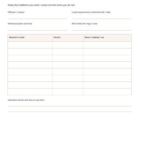 May include: A white wedding ceremony planning sheet with black text. Headings include Our Wedding, Halloween Gothic, and Our ceremony. It features blank fields for contact, date, rehearsal, and a table for order, person, and music cues.