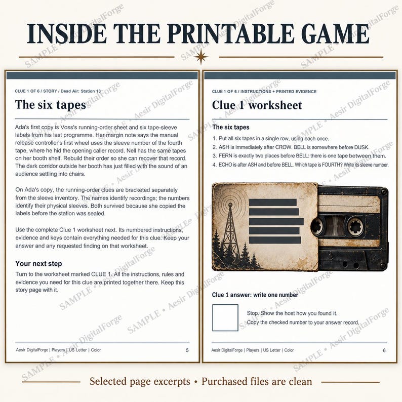May include: A printable game page titled Inside the Printable Game featuring Clue 1 of 6. The text describes The six tapes and a Clue 1 worksheet with instructions. An illustration shows a cassette tape partially inside a sleeve with a radio tower.
