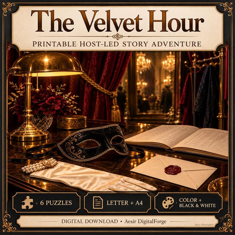 May include: A printable story adventure titled The Velvet Hour featuring a black masquerade mask, a white satin glove with a pearl bracelet, an open book, and a sealed envelope on a desk with a brass lamp and text details.