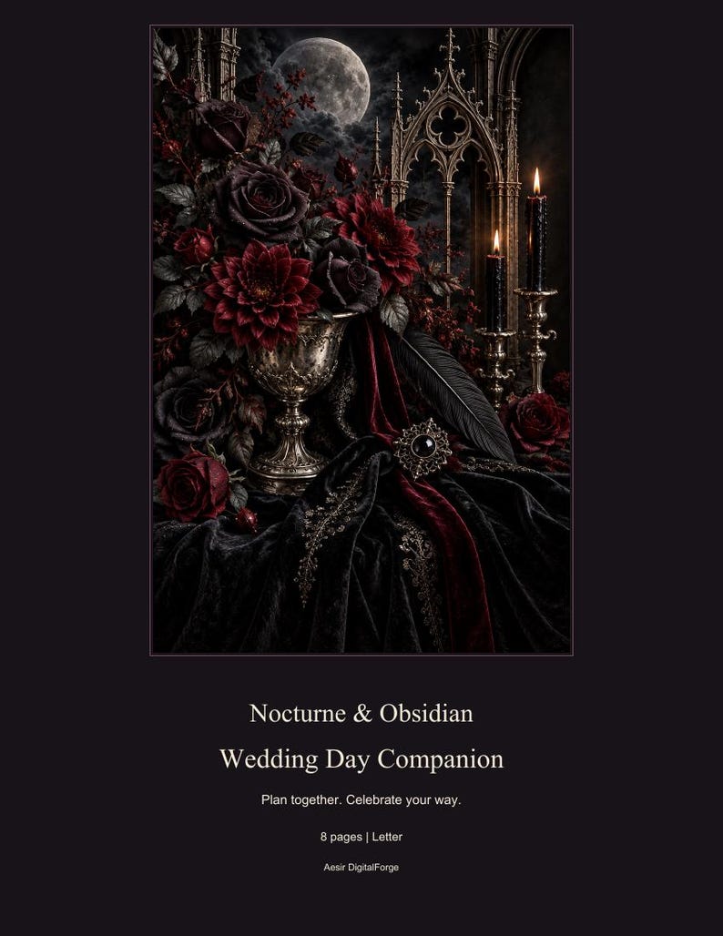May include: A Nocturne & Obsidian Wedding Day Companion planner featuring a dark, moody illustration of deep red roses, a silver chalice, black candles, and a full moon against gothic architecture, with text reading Nocturne & Obsidian Wedding Day Companion.