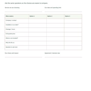 May include: A white wedding planning worksheet titled Choose our vendors with sections for service, date, spending limit, and a comparison table for three options, including rows for contact, availability, package, price, and notes.