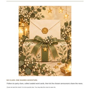 K&ouml;nnte beinhalten: Ein Print-and-Play-Abenteuer mit dem Titel The Six-Card Baby Reveal Party. Das Bild zeigt eine Geschenkbox, eingewickelt in Papier mit gr&uuml;nem Blattmuster, verziert mit einer gr&uuml;nen Schleife, einem goldenen Sternanh&auml;nger und einem cremefarbenen Umschlag.