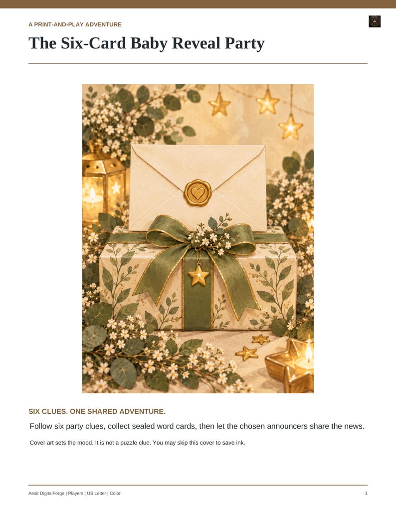 K&ouml;nnte beinhalten: Ein Print-and-Play-Abenteuer mit dem Titel The Six-Card Baby Reveal Party. Das Bild zeigt eine Geschenkbox, eingewickelt in Papier mit gr&uuml;nem Blattmuster, verziert mit einer gr&uuml;nen Schleife, einem goldenen Sternanh&auml;nger und einem cremefarbenen Umschlag.