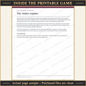 May include: A printable game page titled INSIDE THE PRINTABLE GAME featuring the story The Velvet Hour and Clue 1 of 6, The visitor register. The text provides instructions for reconstructing four guest visits to a vault, including arrival times and objects carried.