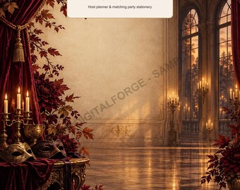 May include: A digital party planner template titled Midnight Masquerade, A Halloween gathering, beautifully planned. Host planner & matching party stationery. The background features a grand ballroom with red velvet curtains, gold candelabras, and masks.