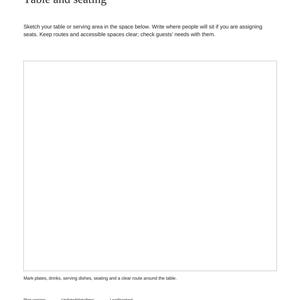 May include: A page from a host planner titled Gather & Give Thanks, Table and seating. It includes instructions for sketching a table area, a large blank white rectangle, and fields for plan version, date, time, contact, and location.