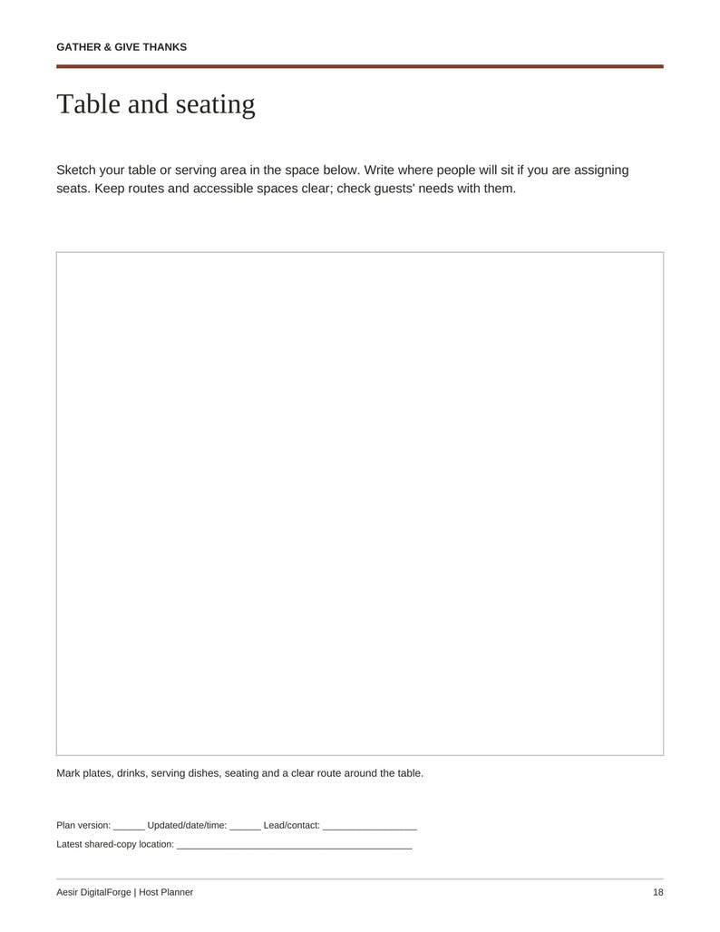 May include: A page from a host planner titled Gather & Give Thanks, Table and seating. It includes instructions for sketching a table area, a large blank white rectangle, and fields for plan version, date, time, contact, and location.