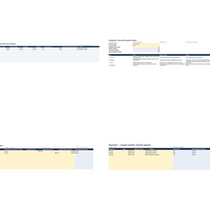 Pu&ograve; includere: Un documento di foglio di calcolo digitale intitolato Freelancer Time and Payment Check, contenente tabelle per accordi di progetto, monitoraggio del tempo e registri finanziari con colonne per ID progetto, nomi dei clienti, date e importi di pagamento.