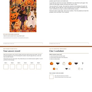 May include: A printable Halloween-themed adventure game titled The Pumpkin Party Parade. The document includes a story page with an illustration of children in costumes, an answer record sheet, and a Clue 1 worksheet featuring pattern puzzles.