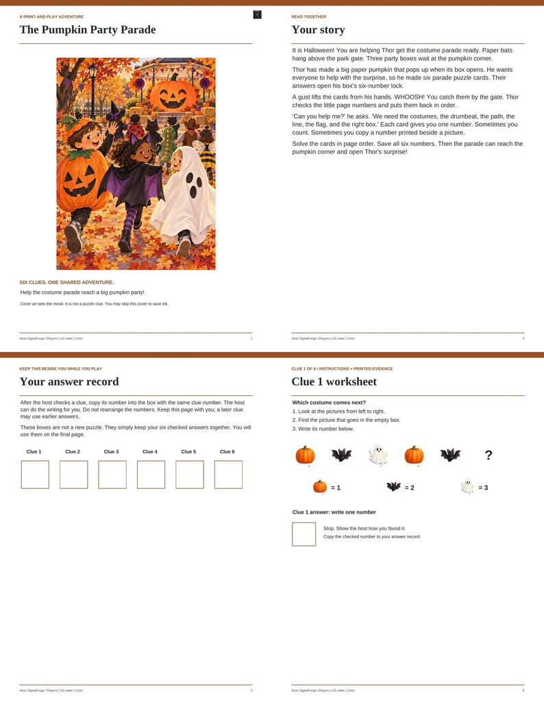 May include: A printable Halloween-themed adventure game titled The Pumpkin Party Parade. The document includes a story page with an illustration of children in costumes, an answer record sheet, and a Clue 1 worksheet featuring pattern puzzles.