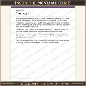 May include: A printable game page titled Your story featuring a Halloween narrative about a ghost named Dominic who needs help solving six puzzle cards to open a cookie delivery box before trick-or-treaters arrive at the sweet shop.