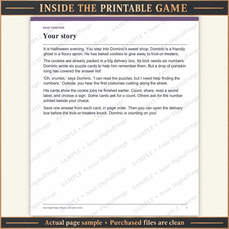 May include: A printable game page titled Your story featuring a Halloween narrative about a ghost named Dominic who needs help solving six puzzle cards to open a cookie delivery box before trick-or-treaters arrive at the sweet shop.