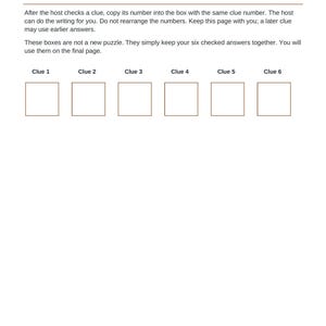 May include: A white document titled Your answer record with a brown header and footer. It features instructions for a game and six empty square boxes labeled Clue 1 through Clue 6. The bottom text reads Aesir DigitalForge | Players | US Letter | Color.