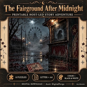 May include: A printable host-led story adventure titled The Fairground After Midnight. The illustration depicts a dark, foggy carnival at night with a ferris wheel, a weathered ticket booth, and a small horse-themed card on the wet ground.