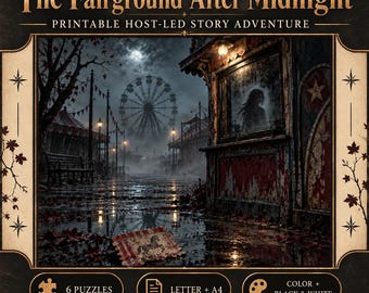 May include: A printable host-led story adventure titled The Fairground After Midnight. The illustration depicts a dark, foggy carnival at night with a ferris wheel, a weathered ticket booth, and a small horse-themed card on the wet ground.