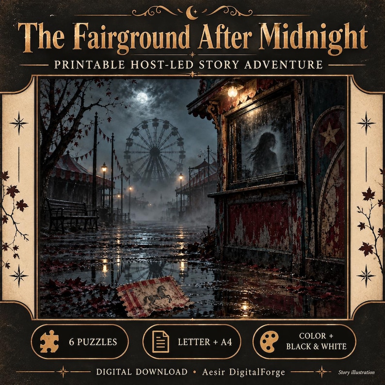 May include: A printable host-led story adventure titled The Fairground After Midnight. The illustration depicts a dark, foggy carnival at night with a ferris wheel, a weathered ticket booth, and a small horse-themed card on the wet ground.
