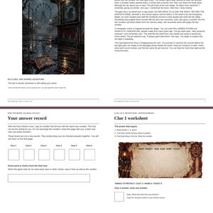 May include: A four-page print-and-play adventure game titled The Fairground After Midnight. It includes a story page with a dark fairground illustration, an answer record sheet, and a Clue 1 worksheet featuring a weathered, torn paper graphic.