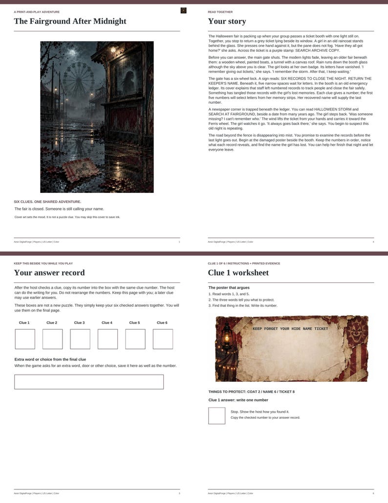 May include: A four-page print-and-play adventure game titled The Fairground After Midnight. It includes a story page with a dark fairground illustration, an answer record sheet, and a Clue 1 worksheet featuring a weathered, torn paper graphic.