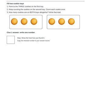 May include: A Clue 1 worksheet with instructions to count cookies on two trays. Each tray contains three round, golden-brown cookies. The page includes text prompts, a blank square for an answer, and footer text reading Aesir DigitalForge.