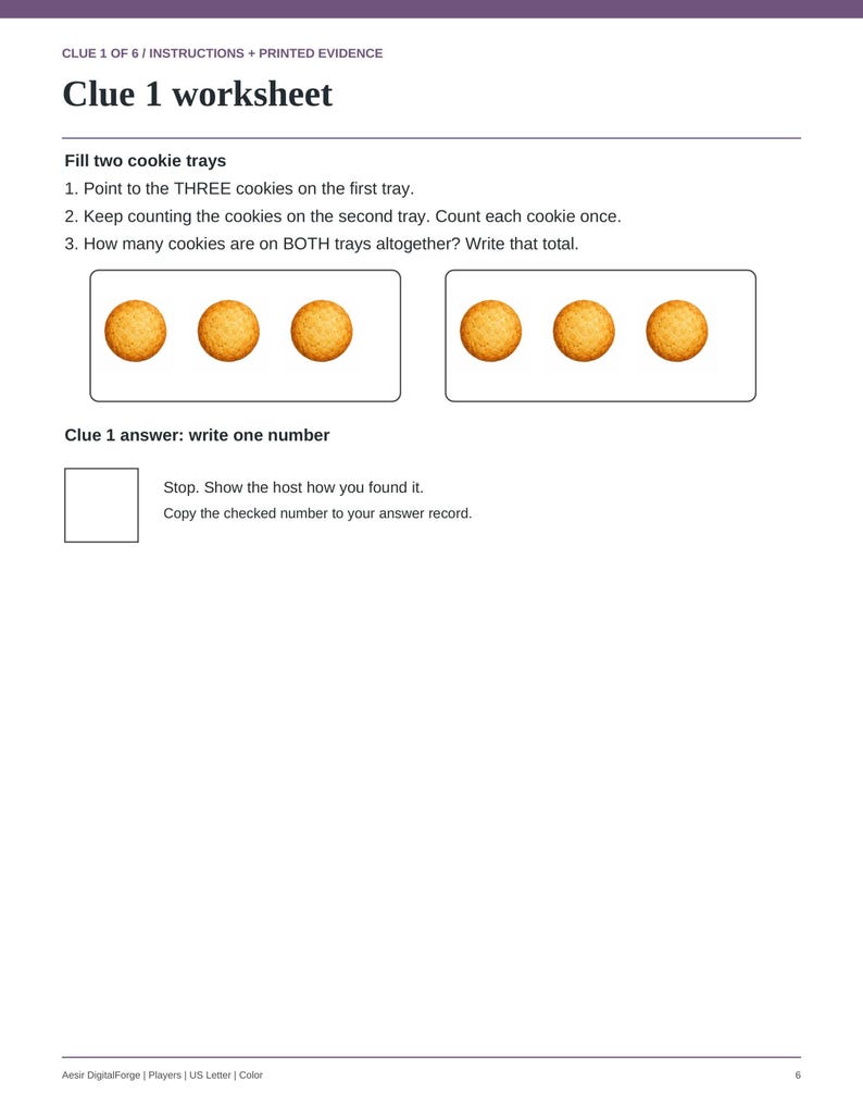 May include: A Clue 1 worksheet with instructions to count cookies on two trays. Each tray contains three round, golden-brown cookies. The page includes text prompts, a blank square for an answer, and footer text reading Aesir DigitalForge.