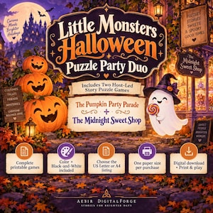 May include: A Little Monsters Halloween Puzzle Party Duo digital game set featuring three stacked jack-o'-lanterns, a ghost in a witch hat holding a lollipop, and text including The Pumpkin Party Parade and The Midnight Sweet Shop.