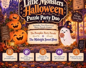 May include: A Little Monsters Halloween Puzzle Party Duo digital game set featuring three stacked jack-o'-lanterns, a ghost in a witch hat holding a lollipop, and text including The Pumpkin Party Parade and The Midnight Sweet Shop.