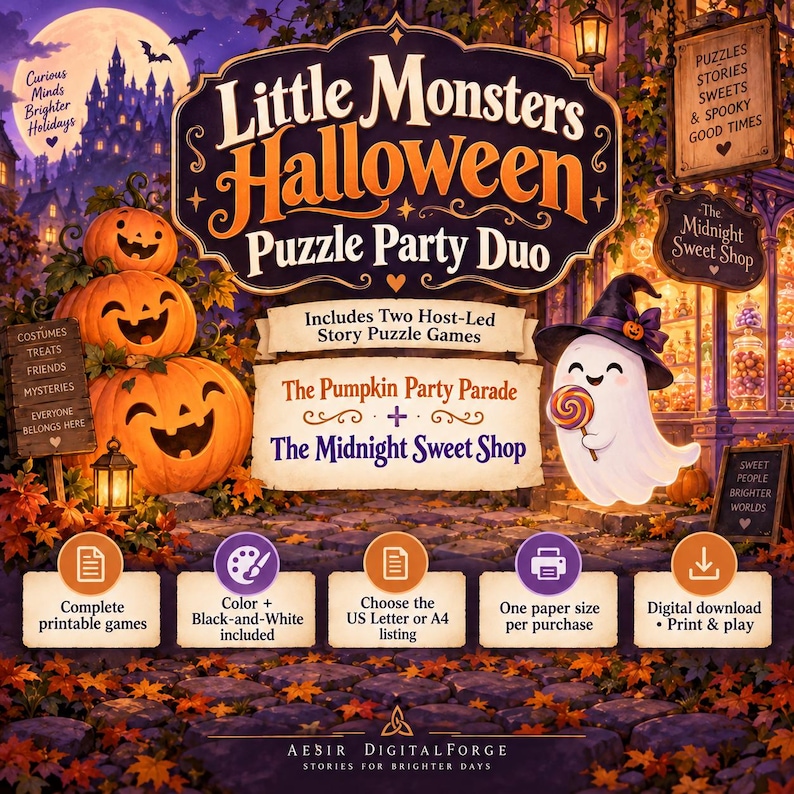May include: A Little Monsters Halloween Puzzle Party Duo digital game set featuring three stacked jack-o'-lanterns, a ghost in a witch hat holding a lollipop, and text including The Pumpkin Party Parade and The Midnight Sweet Shop.