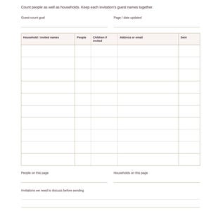 May include: A white wedding guest list planner page with black text titled Who we want to invite. It features a table with columns for Household or invited names, People, Children if invited, Address or email, and Sent, plus footer text.