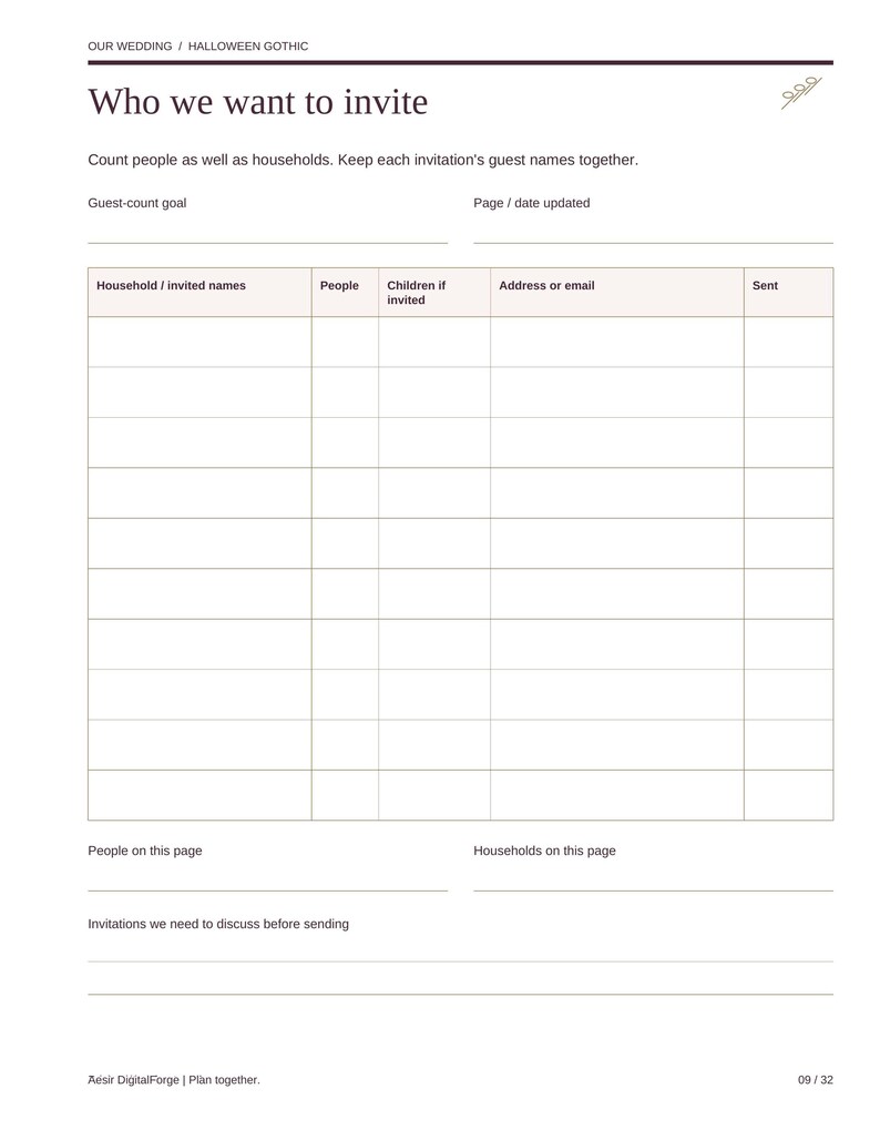 May include: A white wedding guest list planner page with black text titled Who we want to invite. It features a table with columns for Household or invited names, People, Children if invited, Address or email, and Sent, plus footer text.