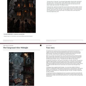 May include: A print-and-play mystery game document featuring two stories: The House That Kept Halloween and The Fairground After Midnight. Each section includes atmospheric illustrations of a dark house and a fairground, with narrative text.
