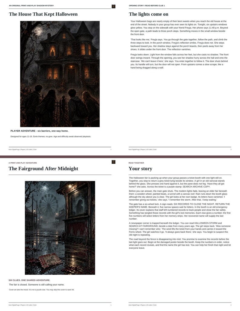 May include: A print-and-play mystery game document featuring two stories: The House That Kept Halloween and The Fairground After Midnight. Each section includes atmospheric illustrations of a dark house and a fairground, with narrative text.