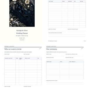 Pu&ograve; includere: Un pianificatore di matrimoni Starlight & Silver con copertina blu scuro decorata con fiori bianchi e dettagli argentati. Le pagine interne includono modelli per tracciare le spese, la lista degli invitati e i dettagli della cerimonia.