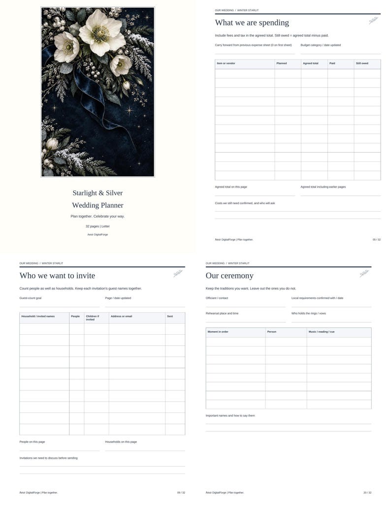 Pu&ograve; includere: Un pianificatore di matrimoni Starlight & Silver con copertina blu scuro decorata con fiori bianchi e dettagli argentati. Le pagine interne includono modelli per tracciare le spese, la lista degli invitati e i dettagli della cerimonia.