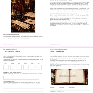May include: A print-and-play adventure game titled The Velvet Hour, featuring pages with text, instructions, and a Clue 1 worksheet. The game includes a visual of a desk with a lamp, a mask, a white glove, and a document with a red wax seal.