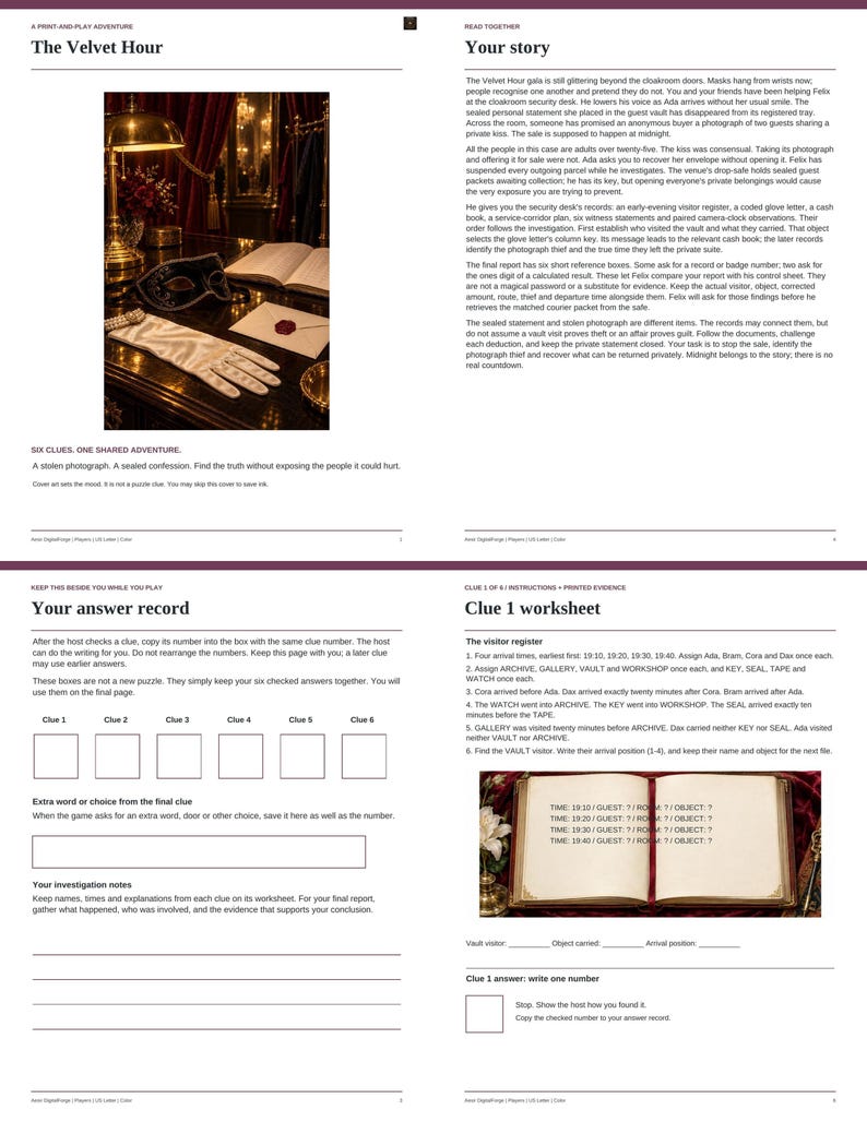 May include: A print-and-play adventure game titled The Velvet Hour, featuring pages with text, instructions, and a Clue 1 worksheet. The game includes a visual of a desk with a lamp, a mask, a white glove, and a document with a red wax seal.