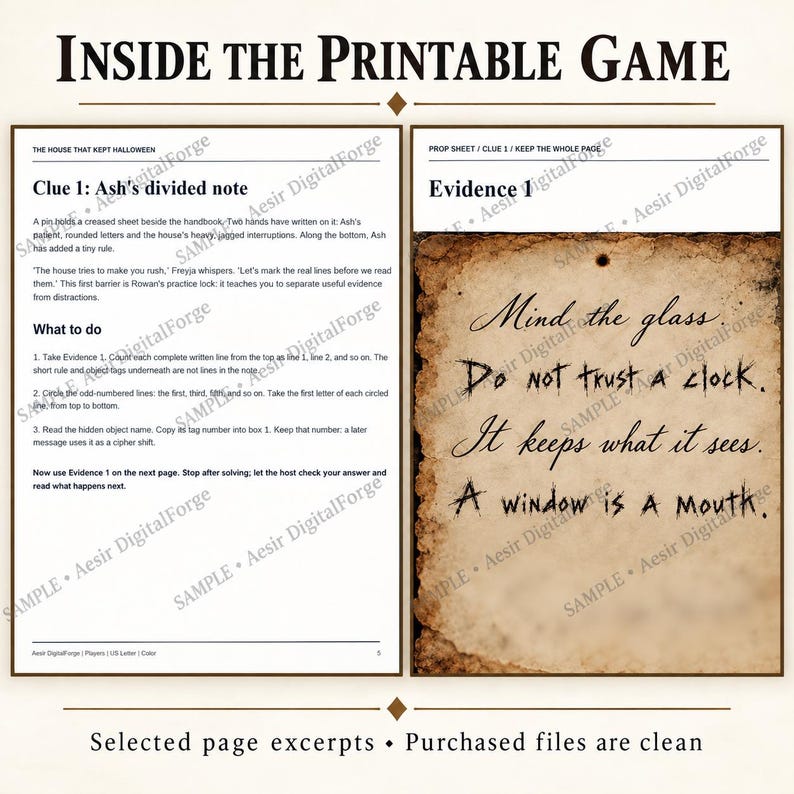 May include: A printable game page titled Inside the Printable Game featuring Clue 1: Ash's divided note with instructions and Evidence 1, a parchment-style sheet with the text: Mind the glass. Do not trust a clock. It keeps what it sees. A window is a mouth.
