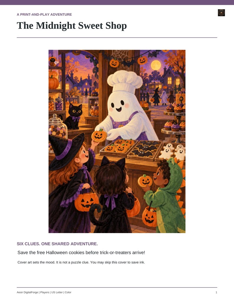 May include: A print-and-play adventure titled The Midnight Sweet Shop featuring a ghost baker in a white hat and apron serving pumpkin, bat, and ghost-shaped cookies to three children dressed in Halloween costumes at a wooden counter.