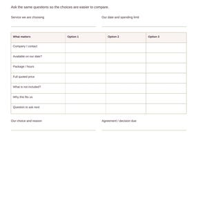 May include: A white wedding planning worksheet titled Choose our vendors with a table for comparing three options. The form includes fields for service, date, spending limit, and decision details, with a footer reading Aesir DigitalForge.