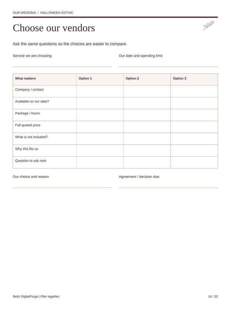 May include: A white wedding planning worksheet titled Choose our vendors with a table for comparing three options. The form includes fields for service, date, spending limit, and decision details, with a footer reading Aesir DigitalForge.