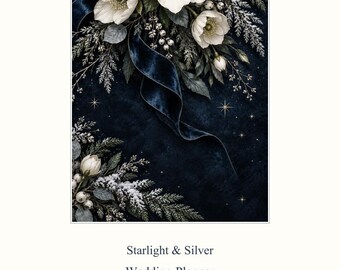 May include: A Starlight & Silver Wedding Planner with 32 pages in letter size by Aesir DigitalForge. The cover features white hellebore flowers, snowy evergreen branches, and a dark blue velvet ribbon against a dark blue background with gold stars.
