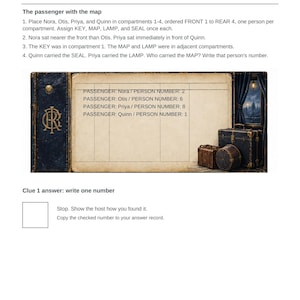 May include: A Clue 1 worksheet featuring a logic puzzle about passengers Nora, Otis, Priya, and Quinn. The document includes instructions, a table listing passenger names and person numbers, and an illustration of a vintage book and luggage.