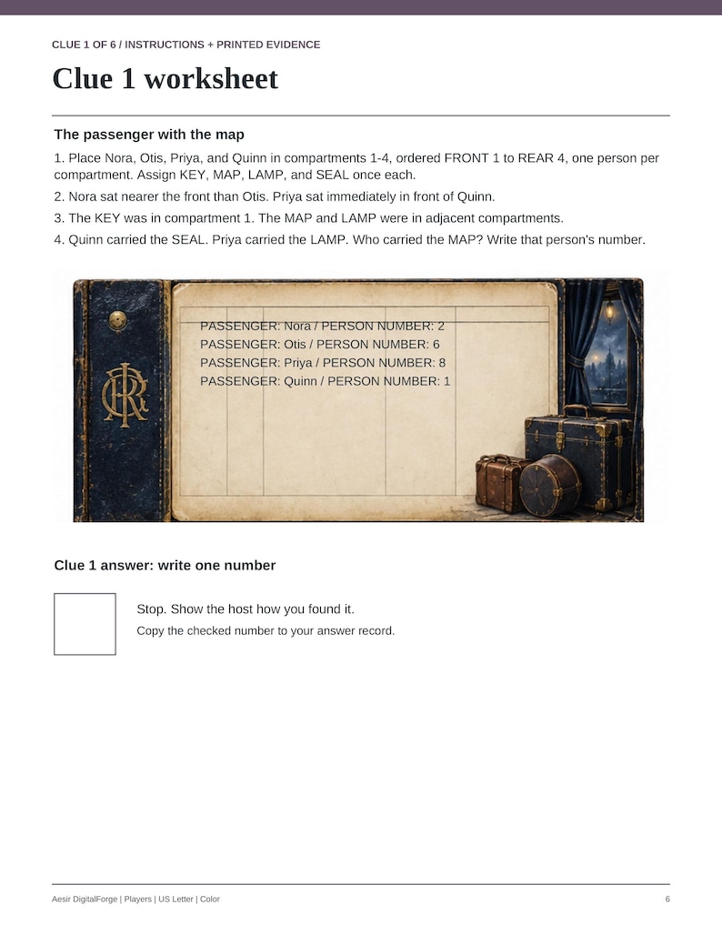 May include: A Clue 1 worksheet featuring a logic puzzle about passengers Nora, Otis, Priya, and Quinn. The document includes instructions, a table listing passenger names and person numbers, and an illustration of a vintage book and luggage.