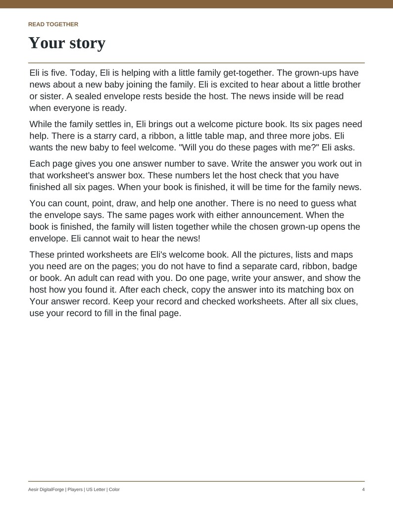 May include: A printed document titled Your story, featuring instructions for a six-page welcome book activity. The text explains how Eli helps a family prepare for a new baby by completing worksheets, recording answers, and waiting for a sealed envelope announcement.
