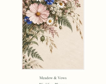 May include: A wedding planner titled Meadow & Vows Wedding Planner, Plan together. Celebrate your way. 32 pages | Letter, Aesir DigitalForge. The cover features a botanical illustration of pink cosmos, blue cornflowers, daisies, and ferns.