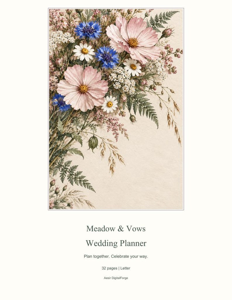 May include: A wedding planner titled Meadow & Vows Wedding Planner, Plan together. Celebrate your way. 32 pages | Letter, Aesir DigitalForge. The cover features a botanical illustration of pink cosmos, blue cornflowers, daisies, and ferns.