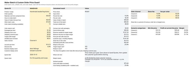 May include: A digital spreadsheet titled Maker Batch & Custom Order Price Guard, displaying financial data for handmade beaded keychains, including cost breakdowns, sales channel fees, and profit margin calculations in a table format.