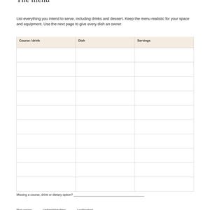 May include: A white menu planning page titled Gather & Give Thanks and The menu. It features a table with columns for Course/drink, Dish, and Servings, plus blank lines for plan version, date, time, contact, and location details.