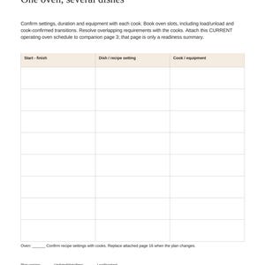 May include: A printed planner page titled Gather & Give Thanks, One oven, several dishes. It features instructions and a blank table with columns for Start-finish, Dish/recipe setting, and Cook/equipment, plus fields for oven, version, date, and contact.
