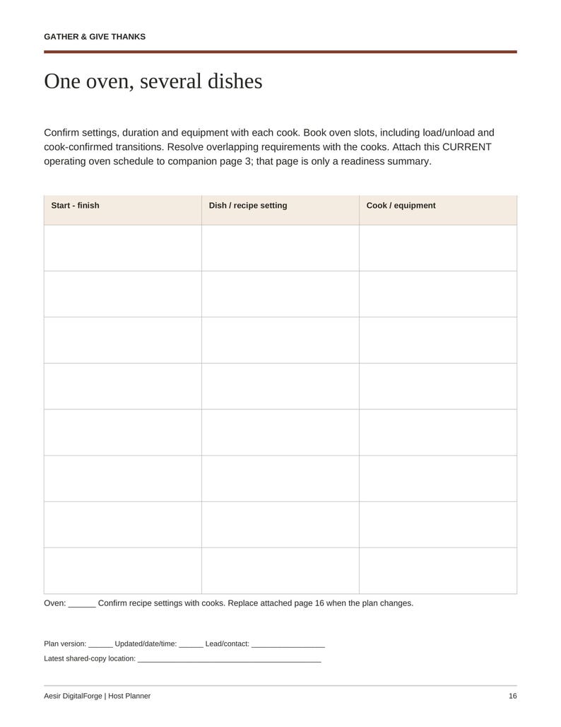 May include: A printed planner page titled Gather & Give Thanks, One oven, several dishes. It features instructions and a blank table with columns for Start-finish, Dish/recipe setting, and Cook/equipment, plus fields for oven, version, date, and contact.